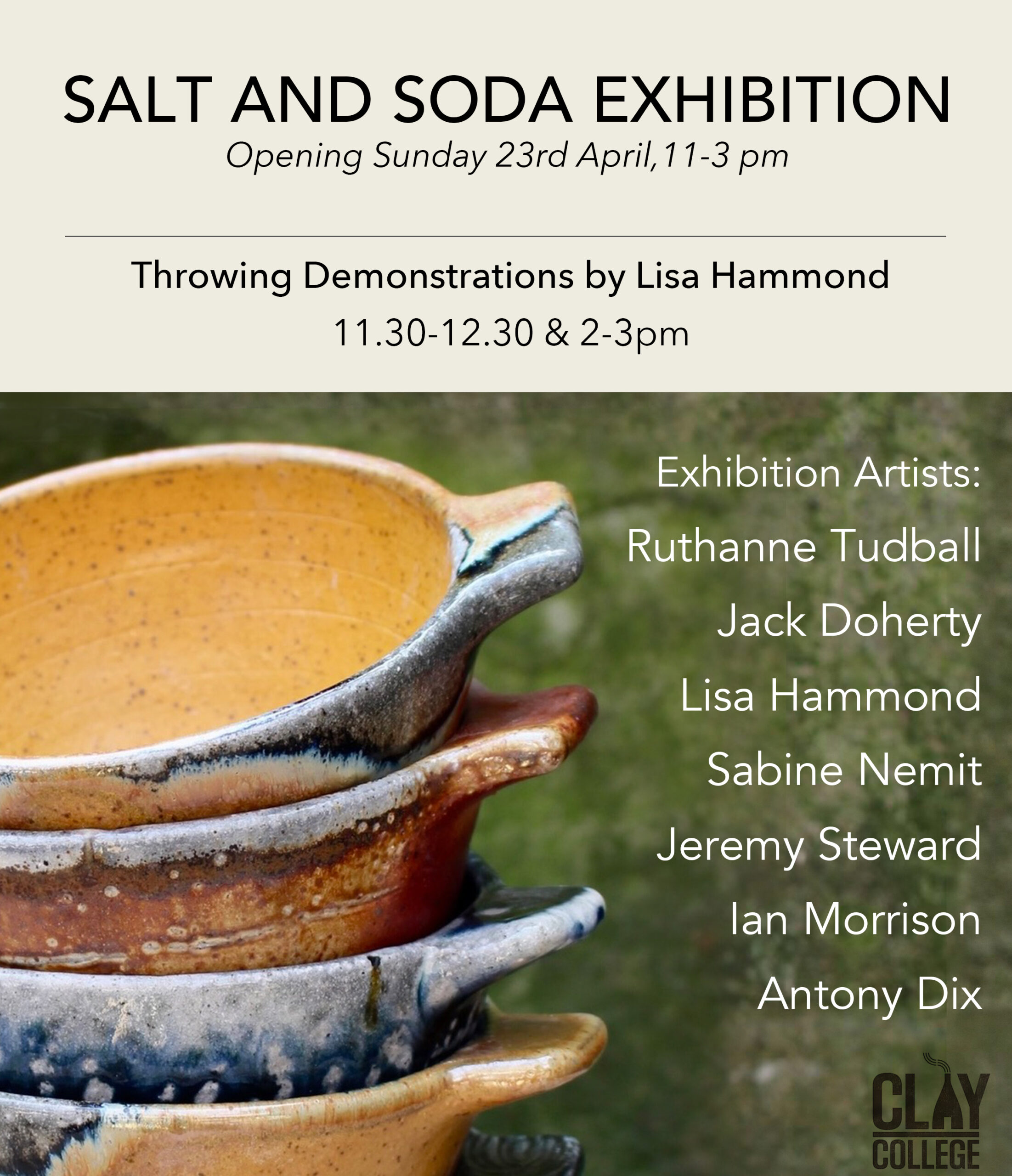 A poster with four baking dishes and artists taking part in the Salt and Soda exhibition